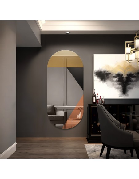 Ovalspiegel mit dekorativer bunter Spiegeltafel in Gold, Kupfer und Schwarz (Lacobel) - RIO