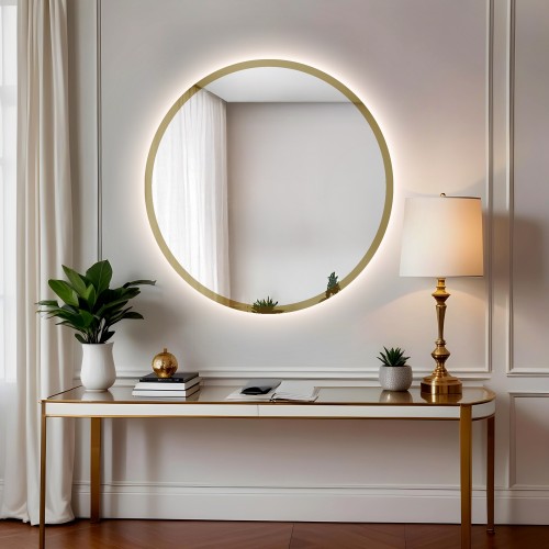 Runder Spiegel im goldglänzenden Rahmen mit Beleuchtung -...