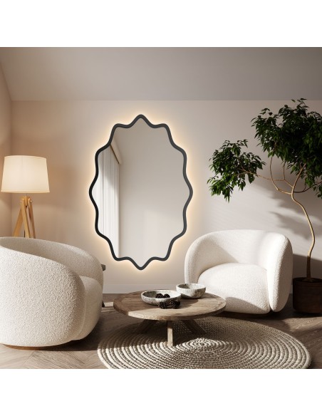 Elliptischer Spiegel mit gewelltem MDF-Rahmen und Beleuchtung – AQUARELLE ELVA LED