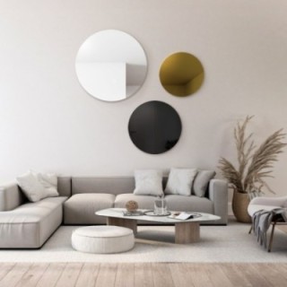 Set von drei runden Dekospiegeln, schwarze (Lacobel) und goldfarbene Spiegeltafel - GOLDI