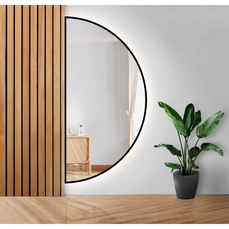 Spiegel mit Hintergrundbeleuchtung, Halbkreis, Rahmen schwarz MDF SLIM - HILDA LED