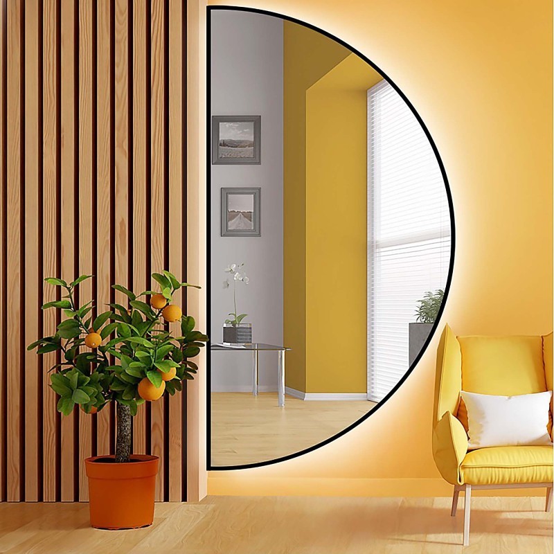 Spiegel mit Hintergrundbeleuchtung, Halbkreis, Rahmen schwarz MDF SLIM - HILDA LED