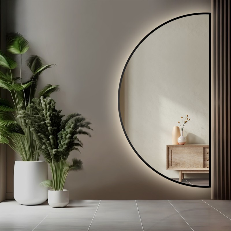 Spiegel mit Hintergrundbeleuchtung, Halbkreis, Rahmen schwarz MDF SLIM - HILDA LED