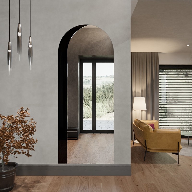 Bogenspiegel mit dekorativer Spiegeltafel in Schwarz (Lacobel) - KOSMA