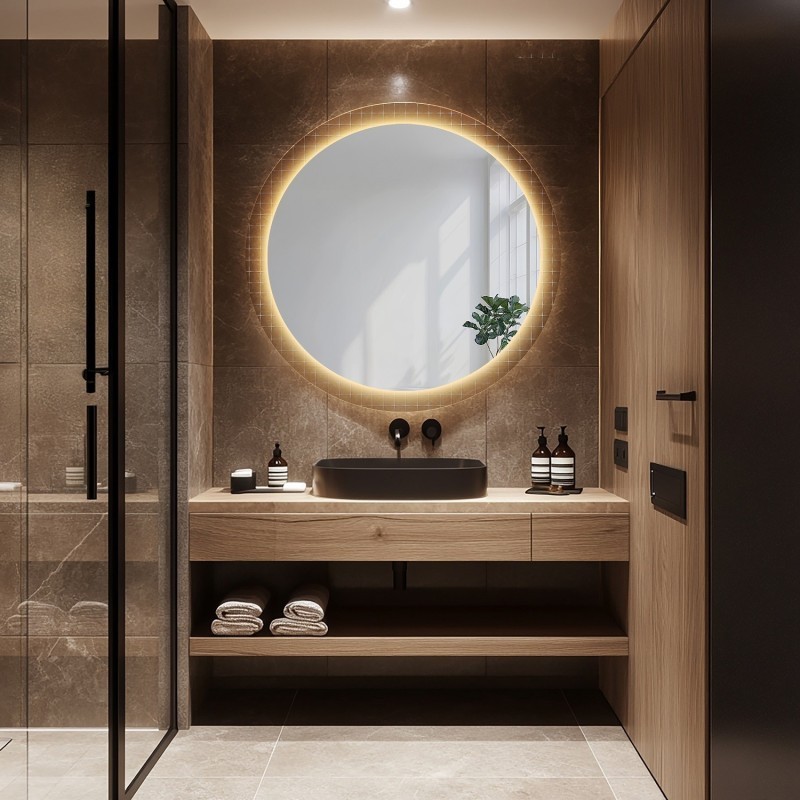 Runder Spiegel auf ornamentiertem Glas Master Flex mit Beleuchtung - LUXORA FROSTED LED