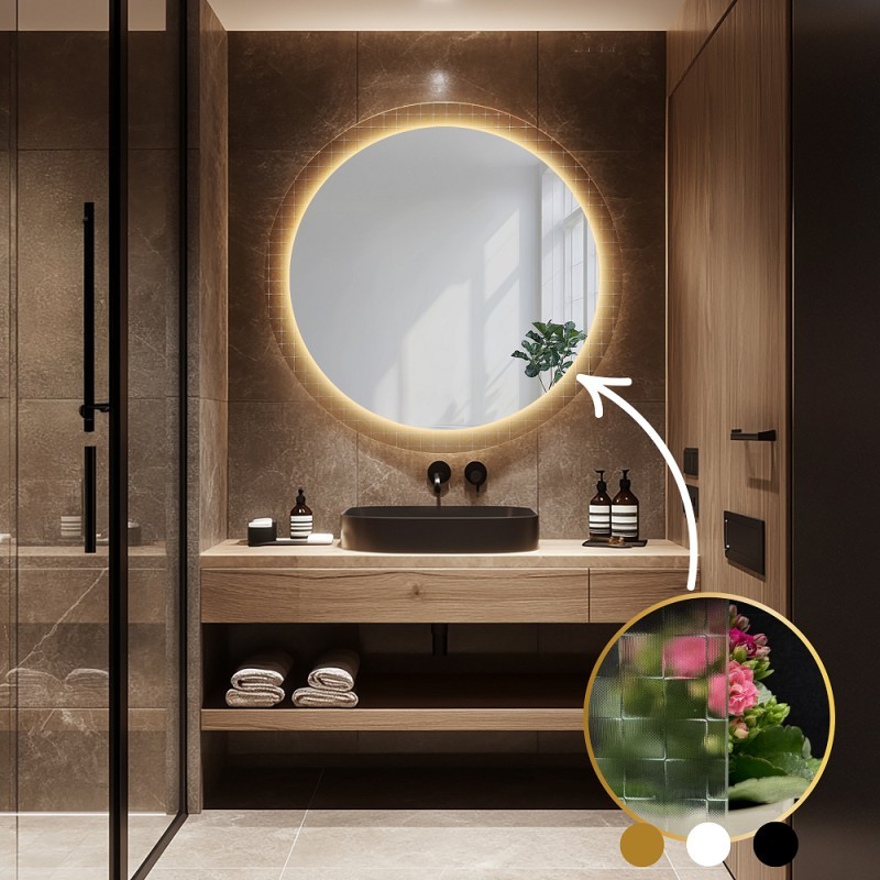 Runder Spiegel auf ornamentiertem Glas Master Flex mit Beleuchtung - LUXORA FROSTED LED