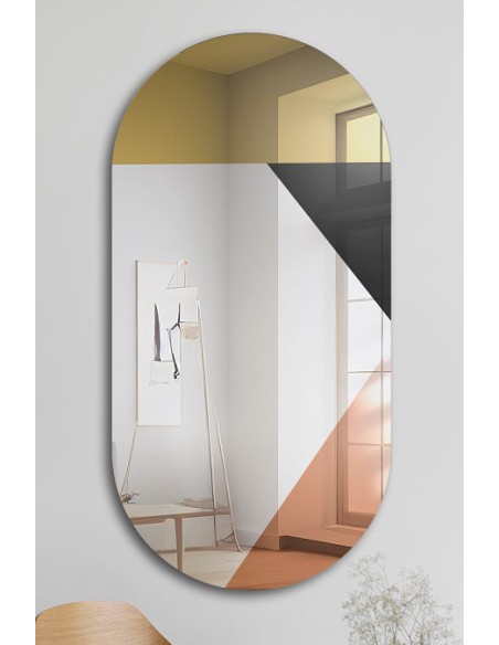 Ovalspiegel mit dekorativer bunter Spiegeltafel in Gold, Kupfer und Schwarz (Lacobel) - RIO