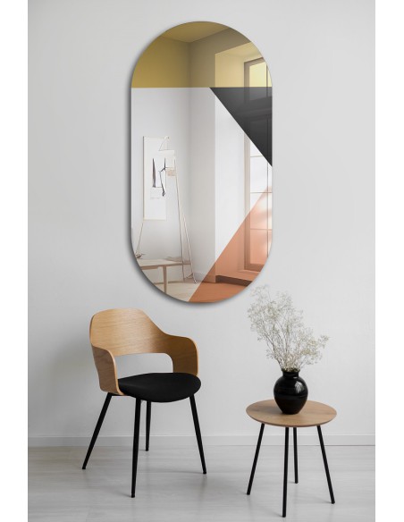 Ovalspiegel mit dekorativer bunter Spiegeltafel in Gold, Kupfer und Schwarz (Lacobel) - RIO