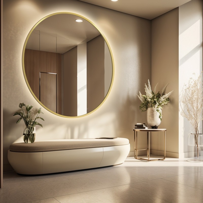 Rundspiegel Rahmen in Gold MDF SLIM mit Hintergrundbeleuchtung - OTYLIA LED - Rahmenfarbe nach Wahl