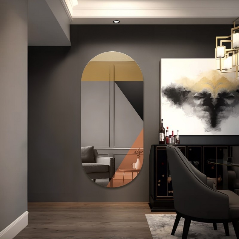 Ovalspiegel mit dekorativer bunter Spiegeltafel in Gold, Kupfer und Schwarz (Lacobel) - RIO