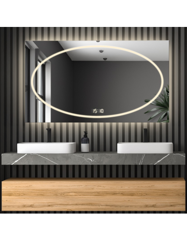 Rechteckiger Badezimmerspiegel mit Digitaluhr und Temperatursensor - MELISA LED PREMIUM