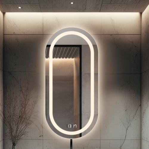 Ovales Badezimmerspiegel mit Digitaluhr und...