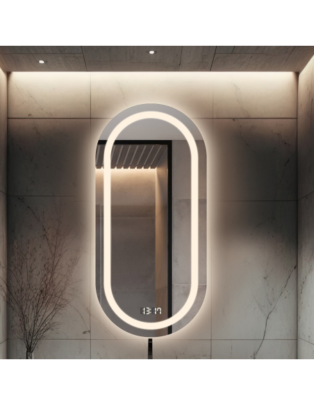 Ovales Badezimmerspiegel mit Digitaluhr und Temperatursensor - HOLI LED PREMIUM