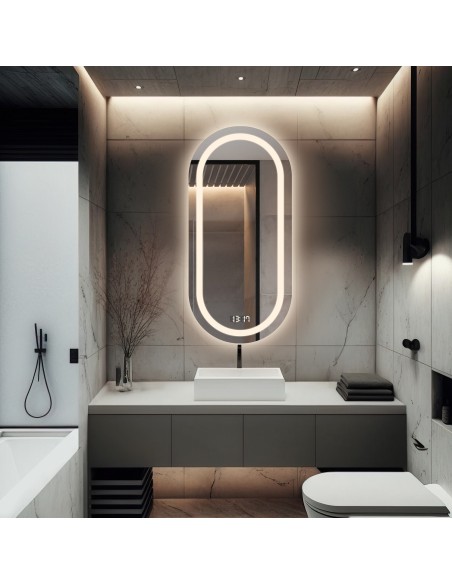 Ovales Badezimmerspiegel mit Digitaluhr und Temperatursensor - HOLI LED PREMIUM
