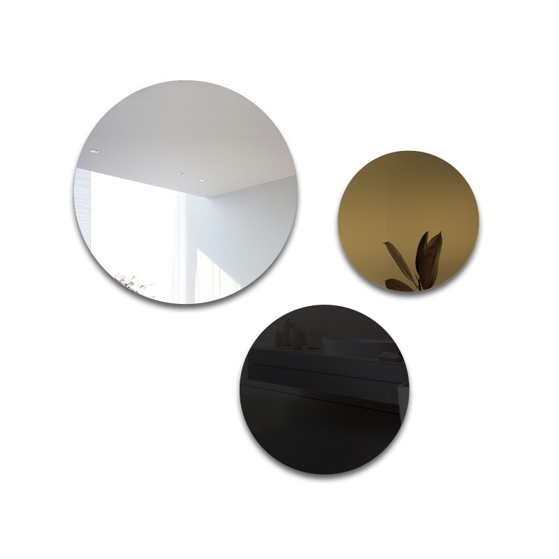 Set von drei runden Dekospiegeln, schwarze (Lacobel) und goldfarbene Spiegeltafel - GOLDI