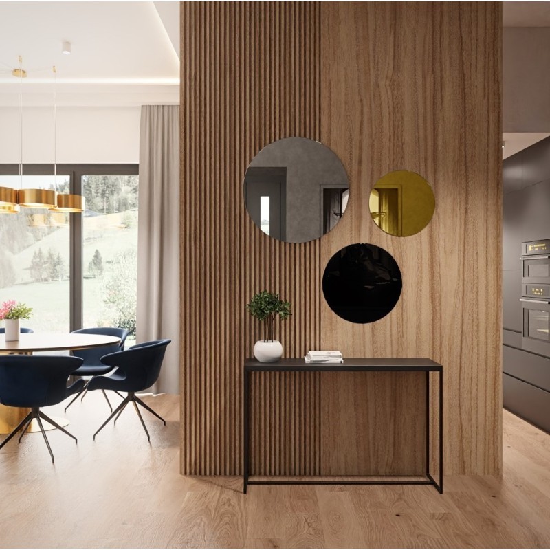 Set von drei runden Dekospiegeln, schwarze (Lacobel) und goldfarbene Spiegeltafel - GOLDI
