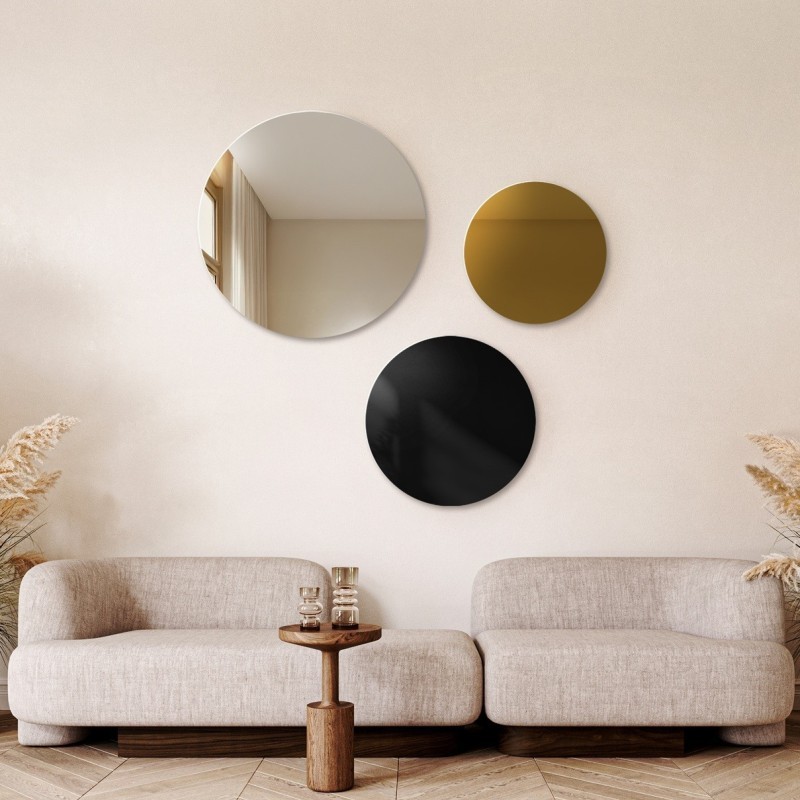 Set von drei runden Dekospiegeln, schwarze (Lacobel) und goldfarbene Spiegeltafel - GOLDI