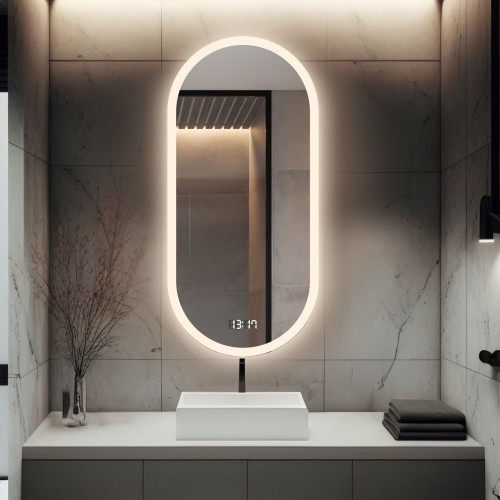 Badezimmerspiegel oval mit Digitaluhr und...