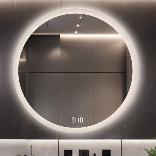 Badezimmerspiegel rund mit Digitaluhr und...