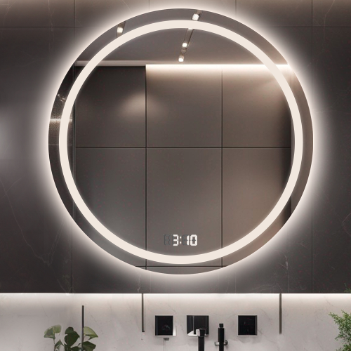 Badezimmerspiegel rund mit Digitaluhr und...