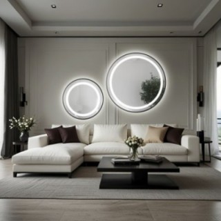 Set von Rundspiegeln mit Hintergrundbeleuchtung, sandgestrahlt, Rahmen schwarz MDF SLIM STELLA LED II - Rahmenfarbe nach Wahl
