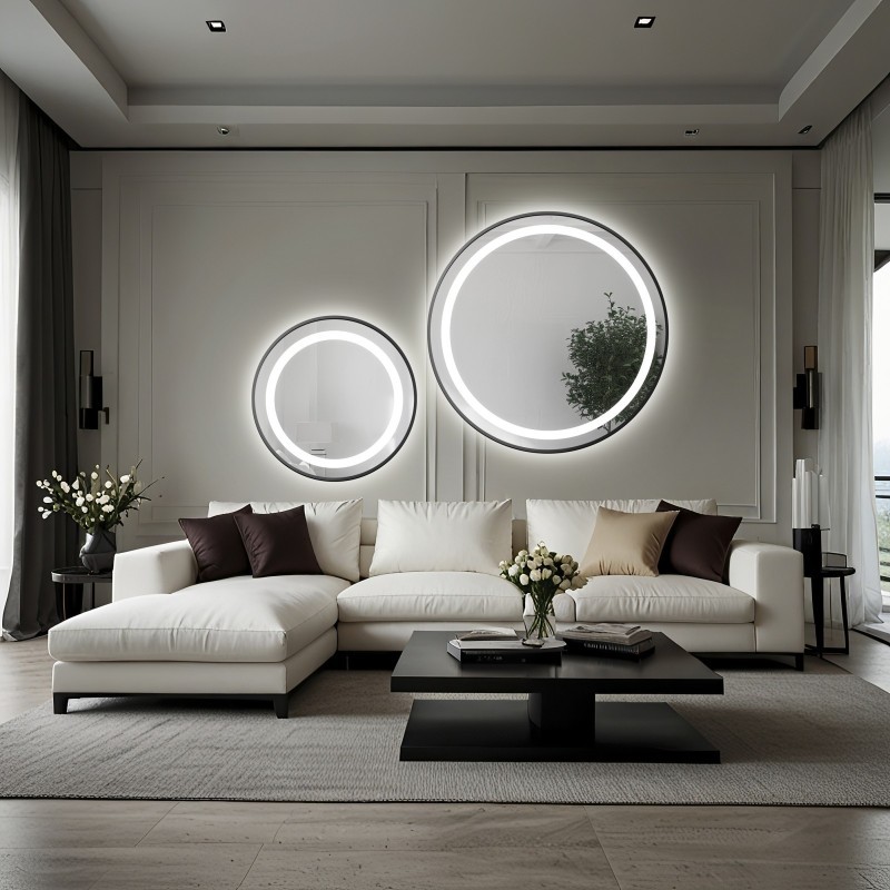 Set von Rundspiegeln mit Hintergrundbeleuchtung, sandgestrahlt, Rahmen schwarz MDF SLIM STELLA LED II - Rahmenfarbe nach Wahl