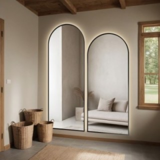 Satz von zwei halbovalen Spiegeln in schwarzem MDF SLIM Rahmen mit Beleuchtung - SET DOMI II IM LED-RAHMEN