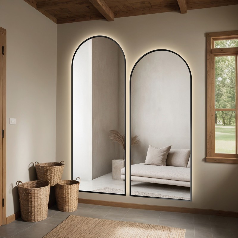 Satz von zwei halbovalen Spiegeln in schwarzem MDF SLIM Rahmen mit Beleuchtung - SET DOMI II IM LED-RAHMEN