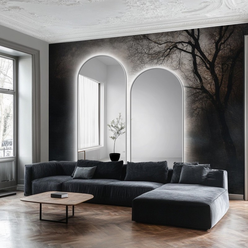 Satz von zwei halbovalen Spiegeln in schwarzem MDF SLIM Rahmen mit Beleuchtung - SET DOMI II IM LED-RAHMEN