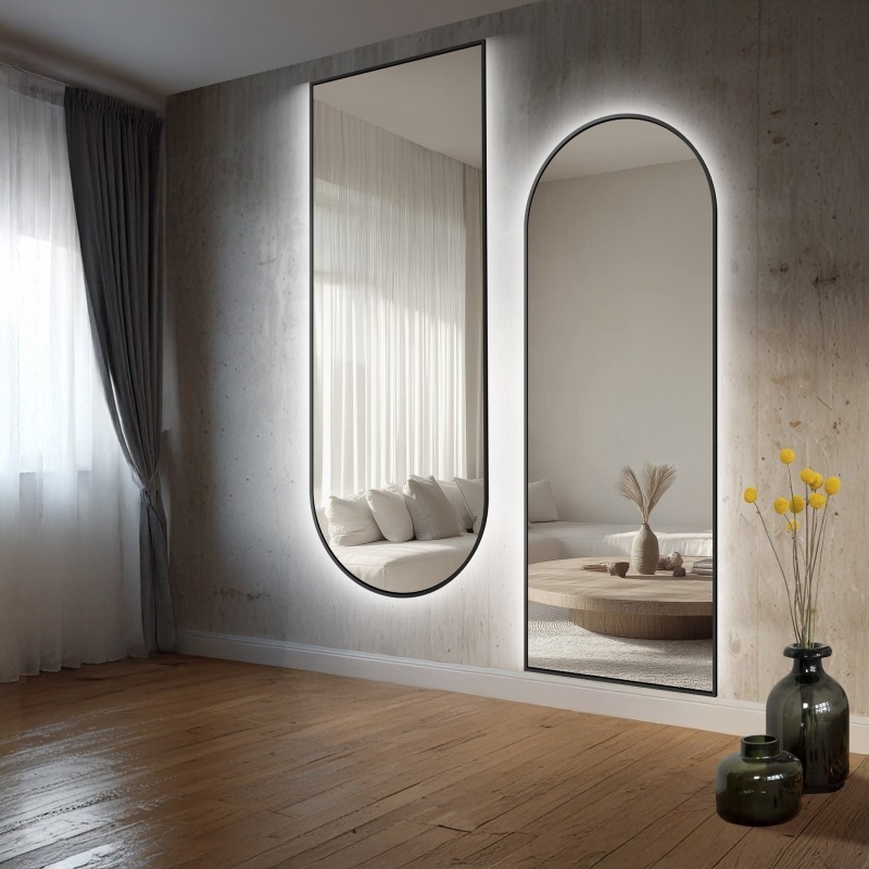 Satz von zwei halbovalen Spiegeln in schwarzem MDF-Rahmen SLIM mit Beleuchtung - SET DOMI LED - Rahmenfarbe nach Wahl