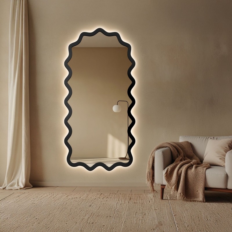 Halbovales Spiegel mit gewelltem MDF-Rahmen und Beleuchtung – AQUARELLE SONA LED