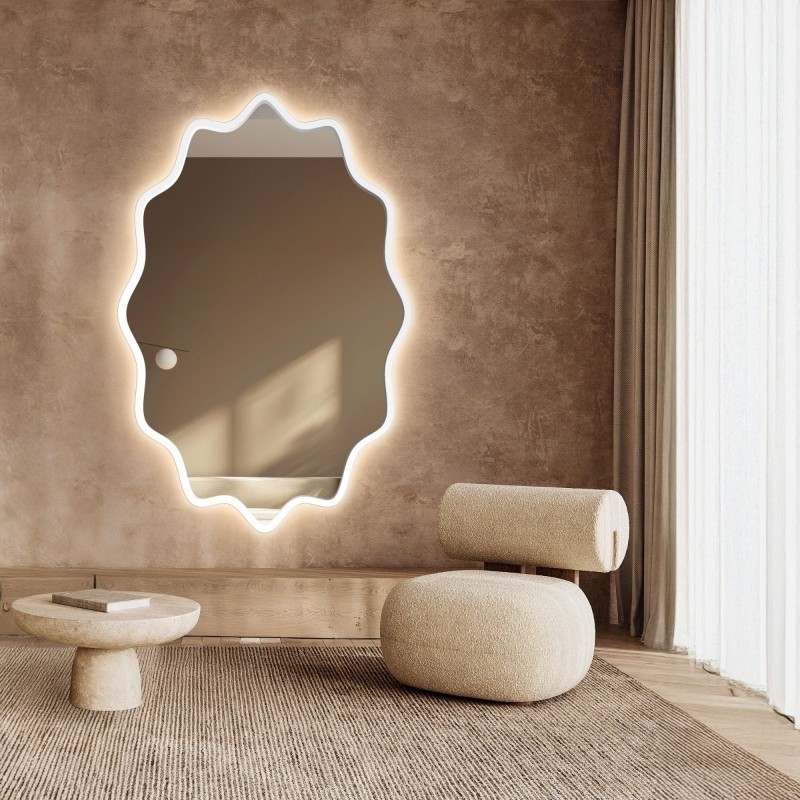 Elliptischer Spiegel mit gewelltem MDF-Rahmen und Beleuchtung – AQUARELLE ELVA LED
