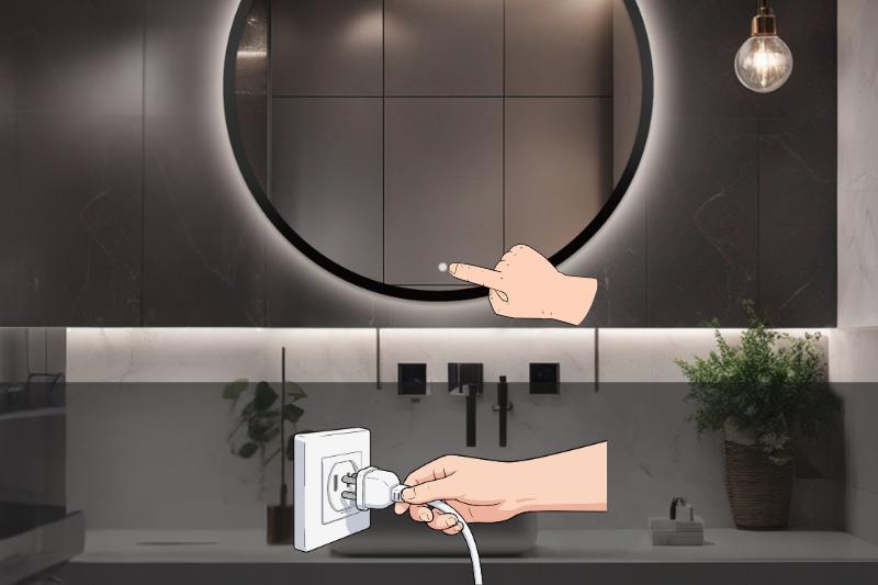 Kabel mit Stecker und Touch-Schalter am Spiegel